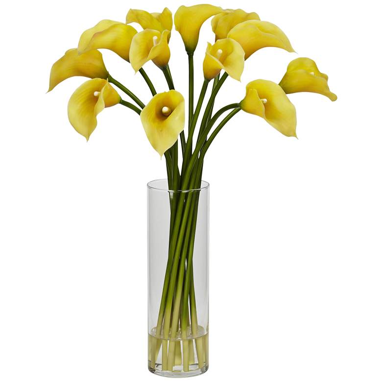 Image 1 Yellow Mini Calla Lily 20 inch High Faux Flowers in Glass Vase