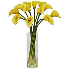 Yellow Mini Calla Lily 20" High Faux Flowers in Glass Vase