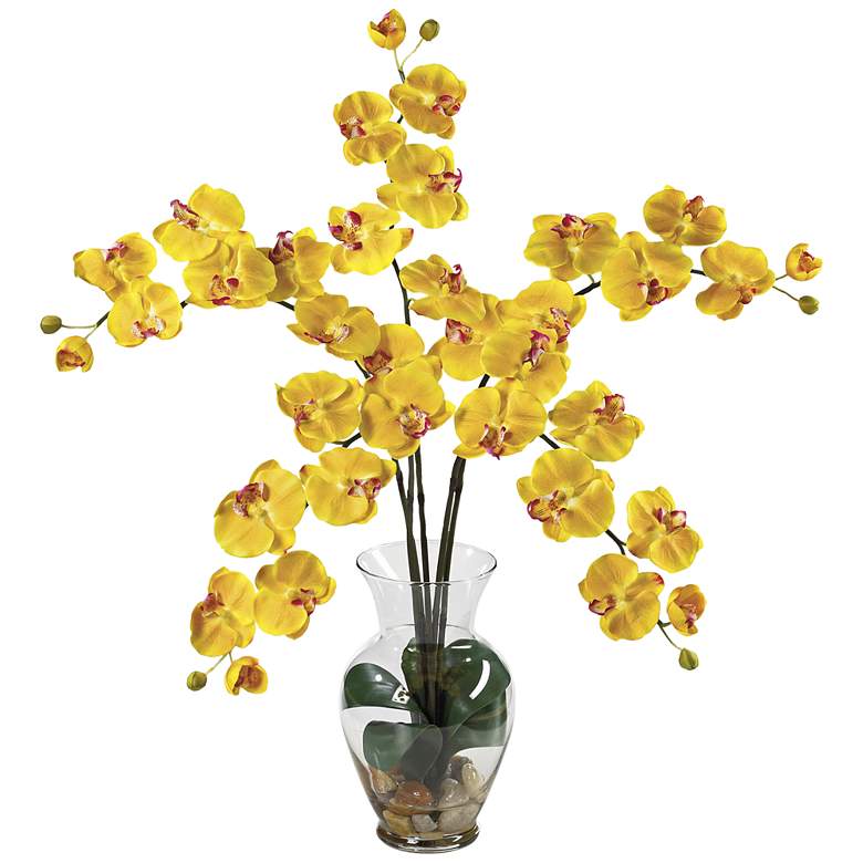 Image 1 Yellow Phalaenopsis Orchid 31"H Faux Flowers in Glass Vase