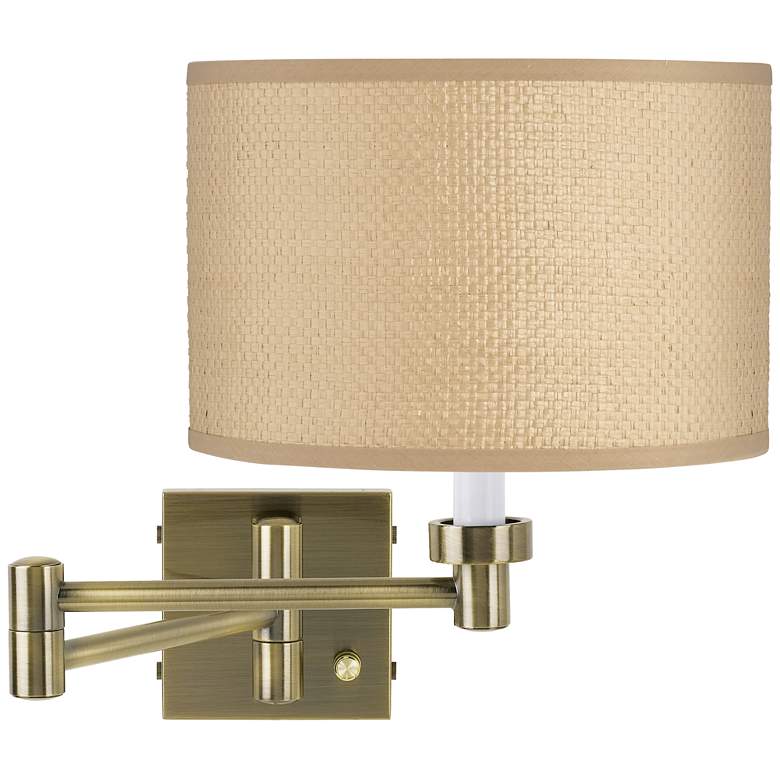 Image 1 Yellow Raffia Shade Antique Brass Plug-In Swing Arm Wall Lamp