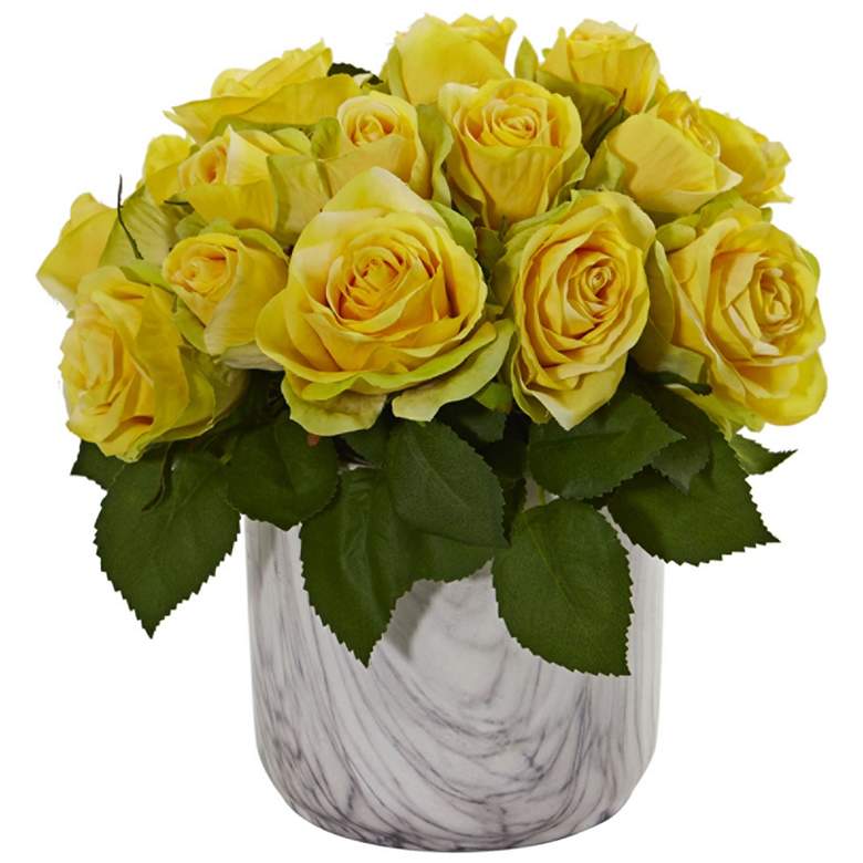 Image 1 Yellow Rose 10 inch High Faux Flowers in Marble Vase