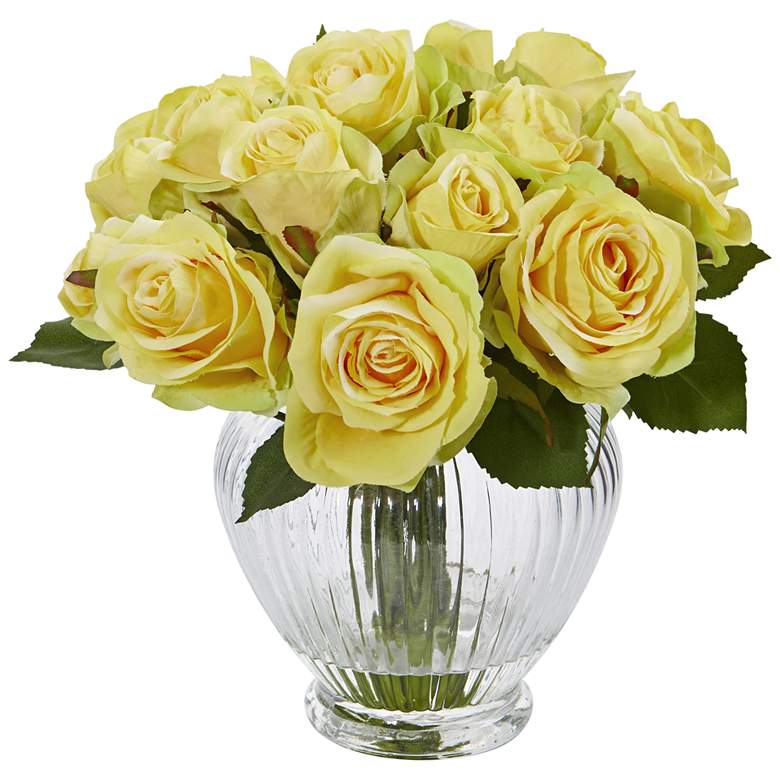 Image 1 Yellow Rose 10" Wide Faux Flowers in Round Glass Vase