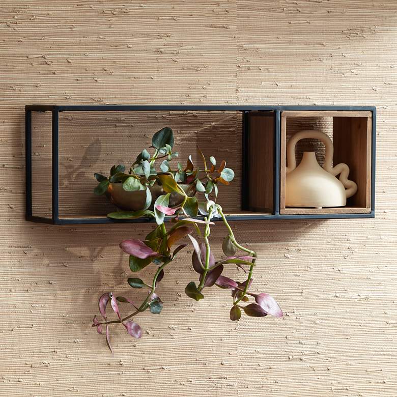 Image 1 Yelm Matte Black Metal and Brown Wood Dual Rectangular Wall Shelf