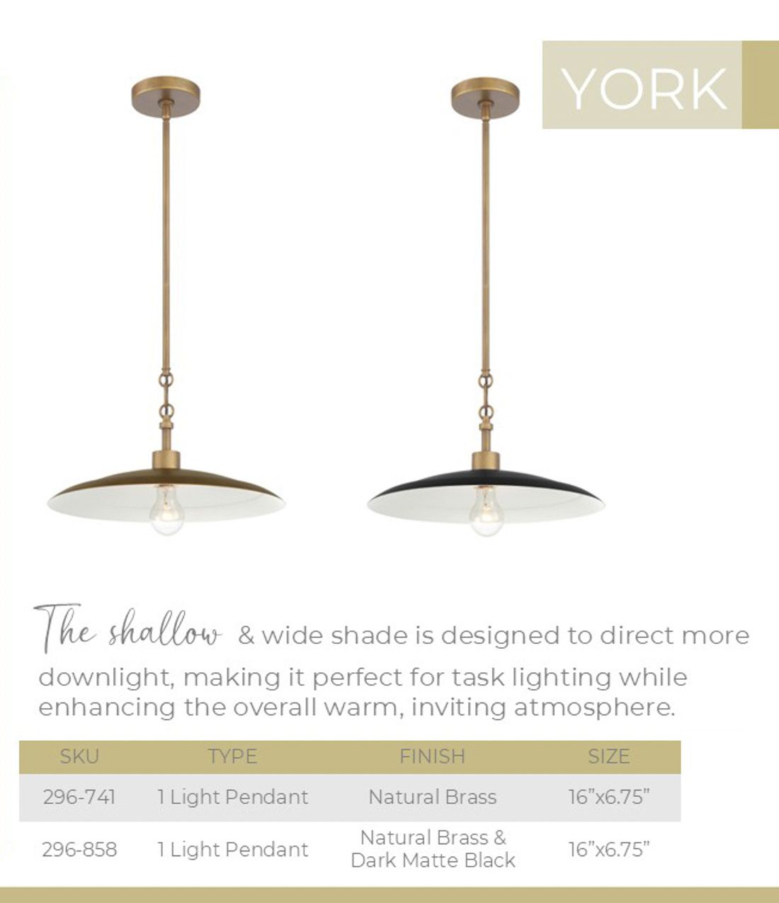 York 16" Wide Natural Brass Pendant Light