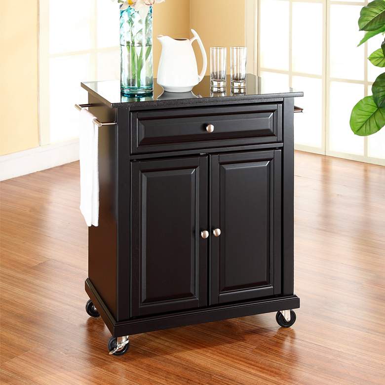 Image 1 York 28 1/4" Wide Granite Top Black Bar Cart or Kitchen Island Cart