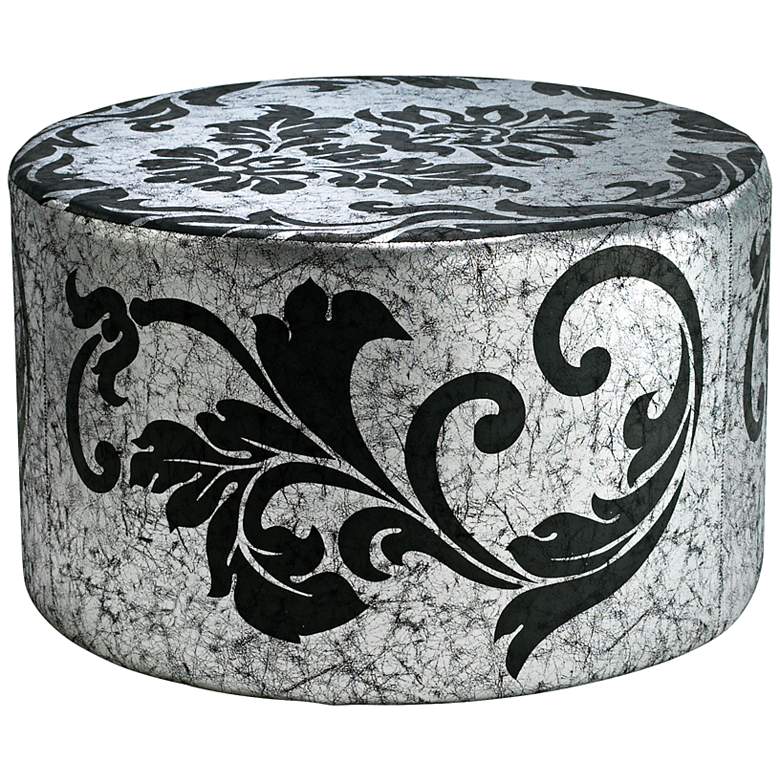 Image 1 York Floral Scroll Round Silver and Black Ottoman