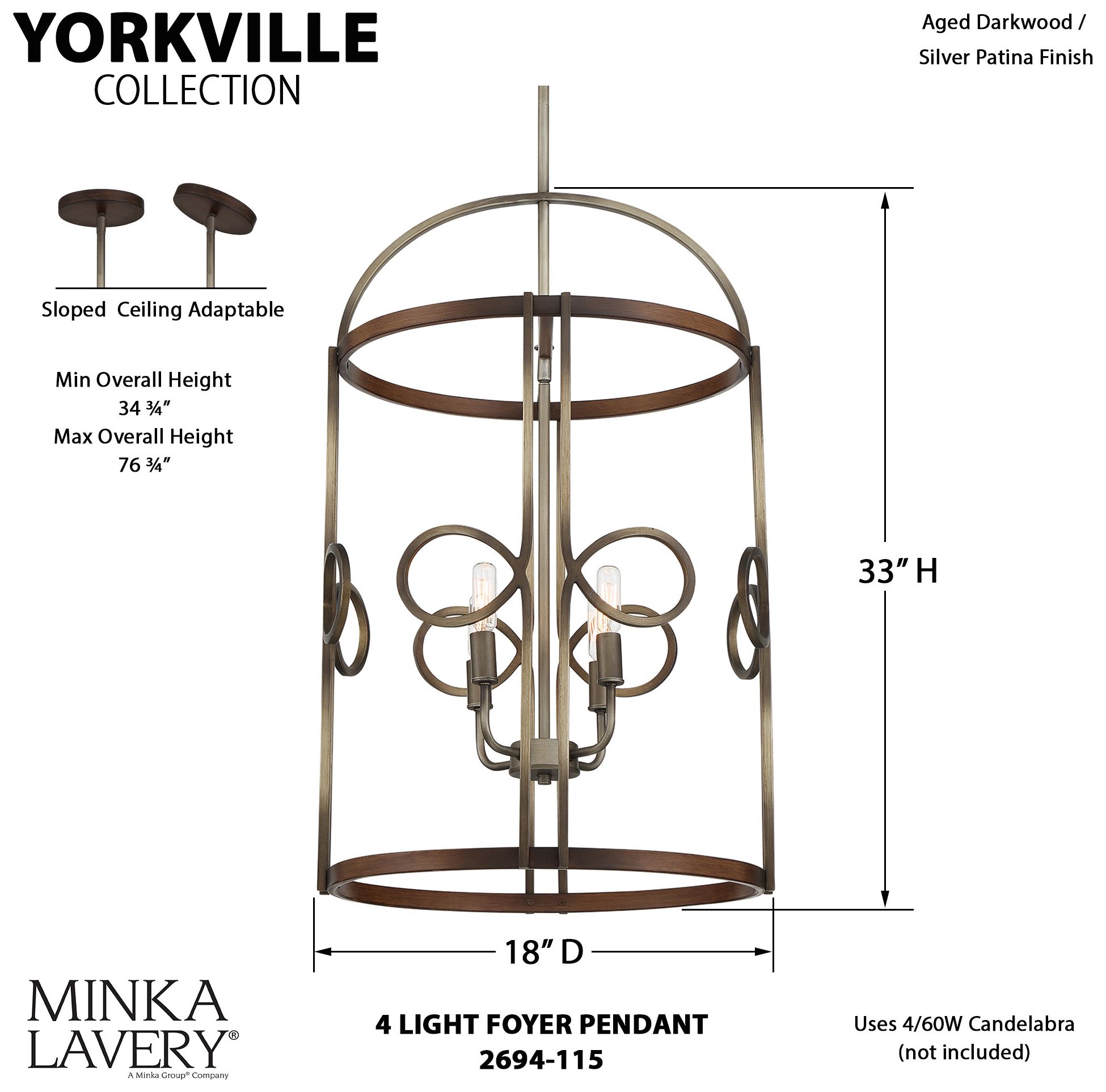 Image 6 Yorkville 18"W Darkwood with Silver Patina 4-Light Pendant more views