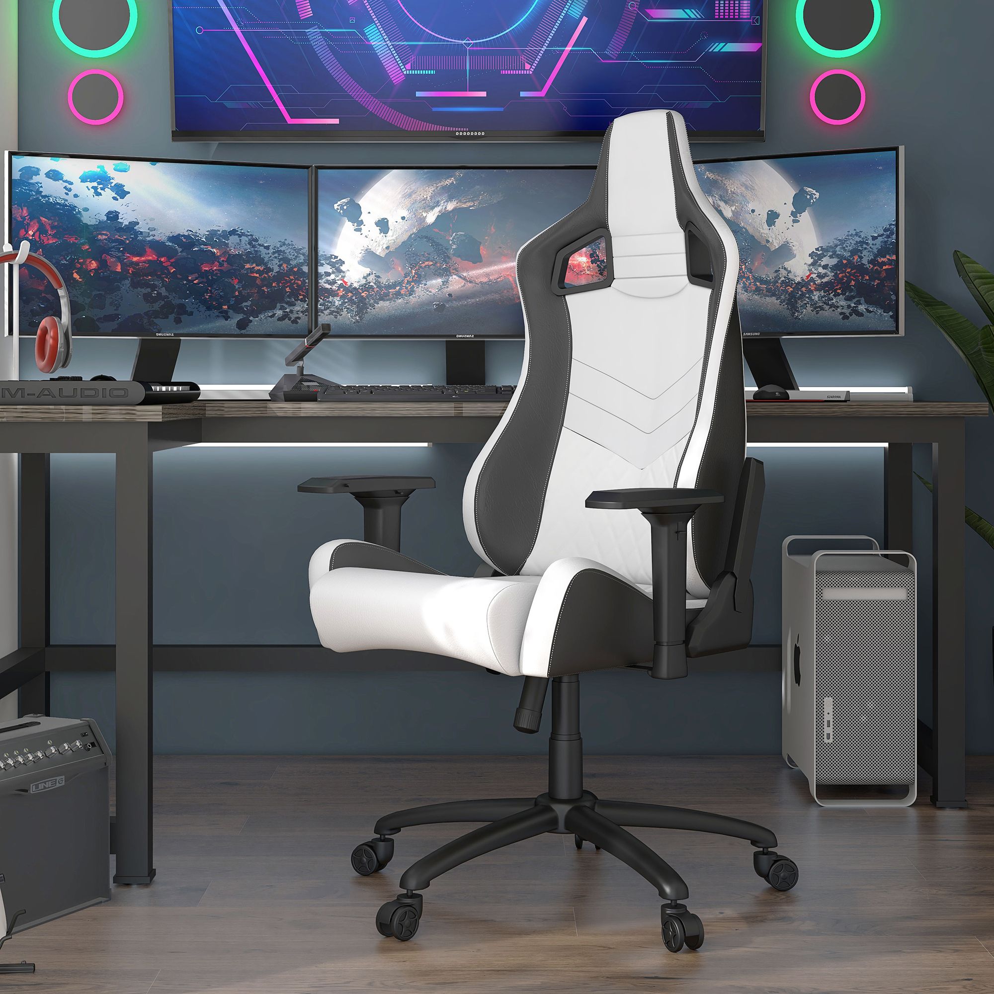 Young Black White Faux Leather Adjustable Gaming Chair