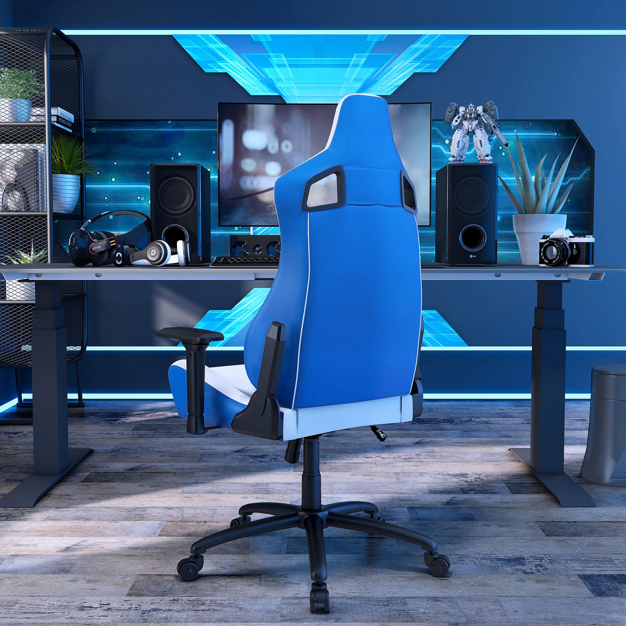 Young Blue White Faux Leather Adjustable Swivel Gaming Chair