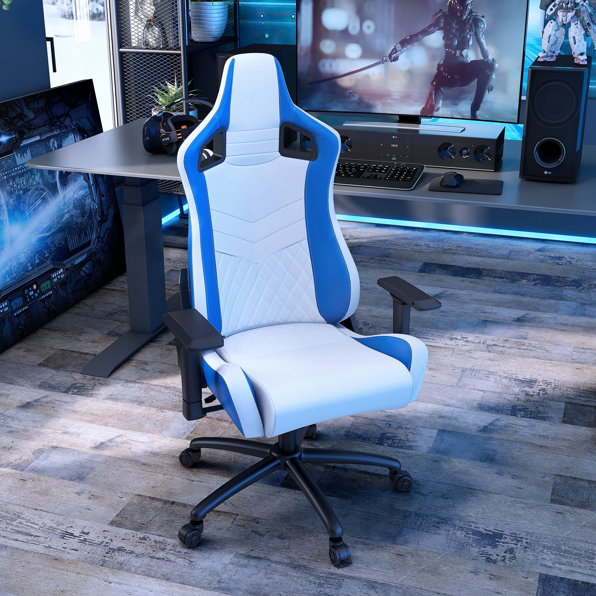 Young Blue White Faux Leather Adjustable Swivel Gaming Chair