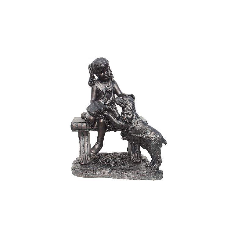 Image 1 Young Girl Sits on Bench with Dog 34 1/4 inch High Sculpture