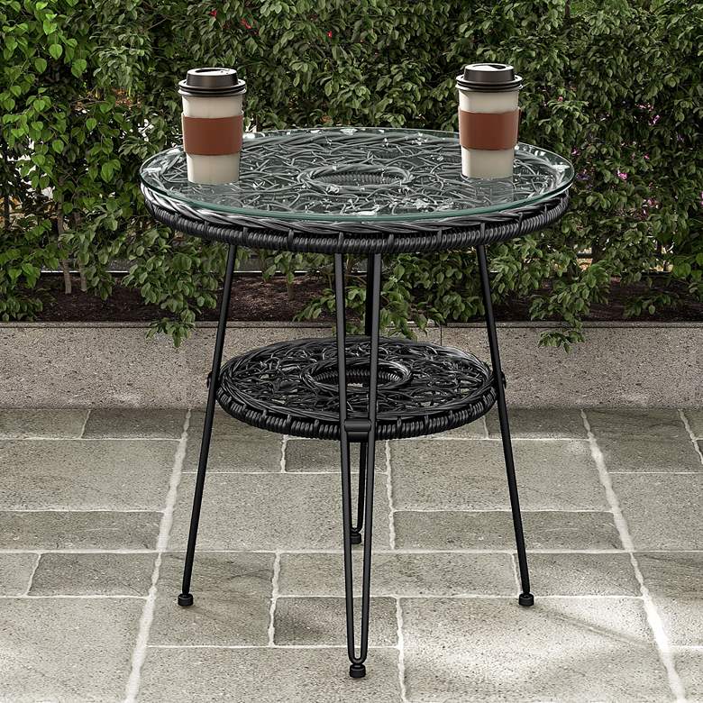 Image 1 Ysar 19 1/4" Wide Black Wicker 1-Shelf Outdoor Side Table