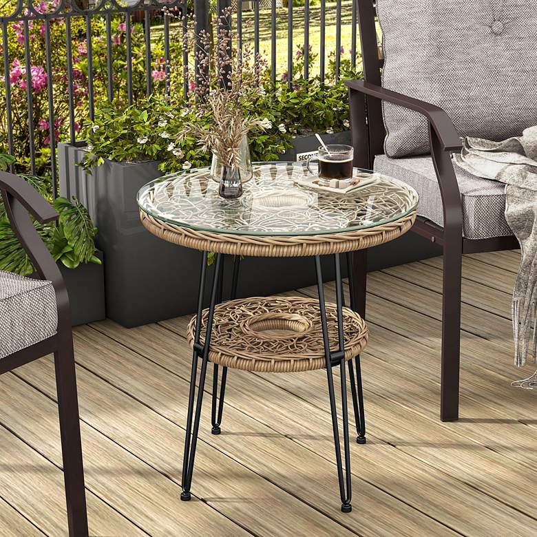 Image 1 Ysar 19 1/4" Wide Natural Wicker 1-Shelf Outdoor Side Table