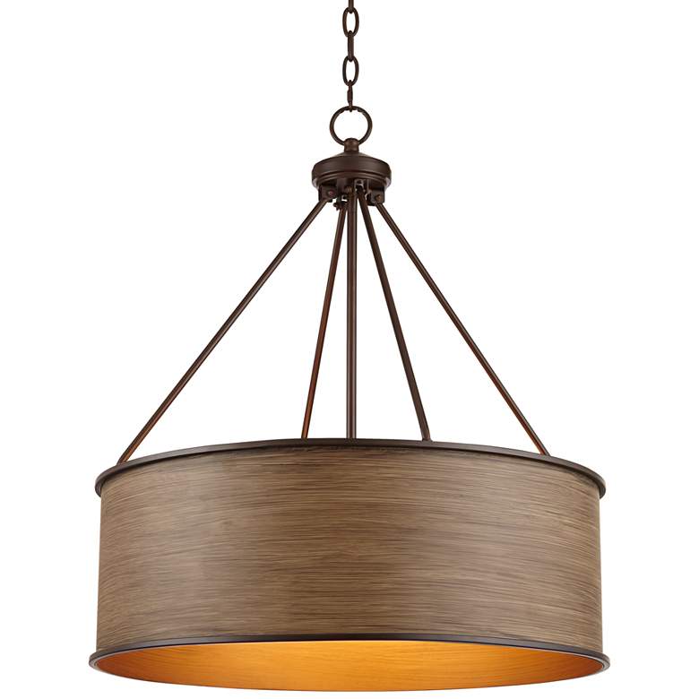 Image 1 Yulie 24 3/4 inch Wide Bronze and Wood Drum Pendant Light