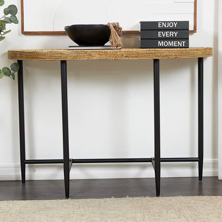 Image 1 Yvonne 47 1/2 inchW Brown Seagrass Black Metal Console Table