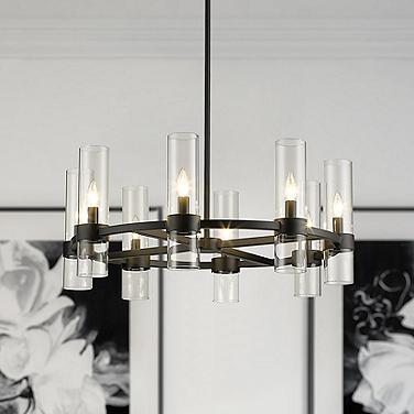Z-Lite Datus 32" Wide 8-Light Matte Black Clear Glass Ring Chandelier
