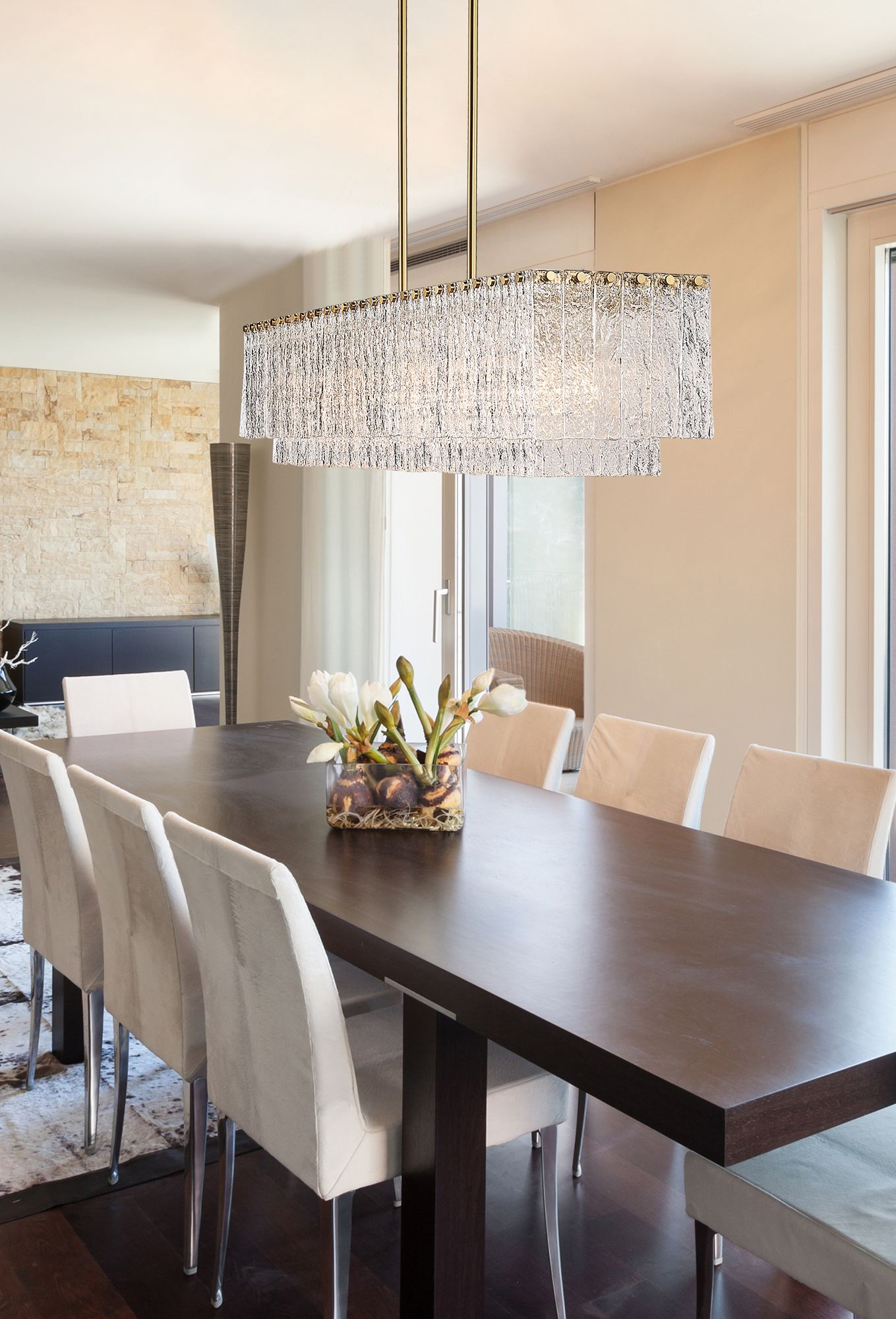 Z-Lite Glacier 53 1/2" 7-Light Modern Glass and Gold Linear Chandelier in scene