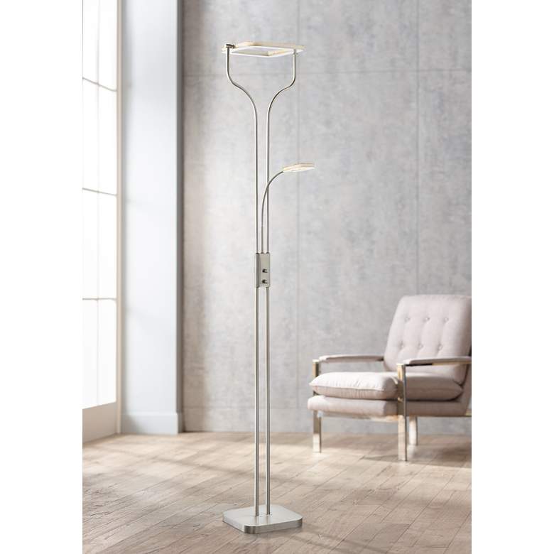 Image 1 Zale Nickel LED Torchiere Floor Lamp with Reading Light