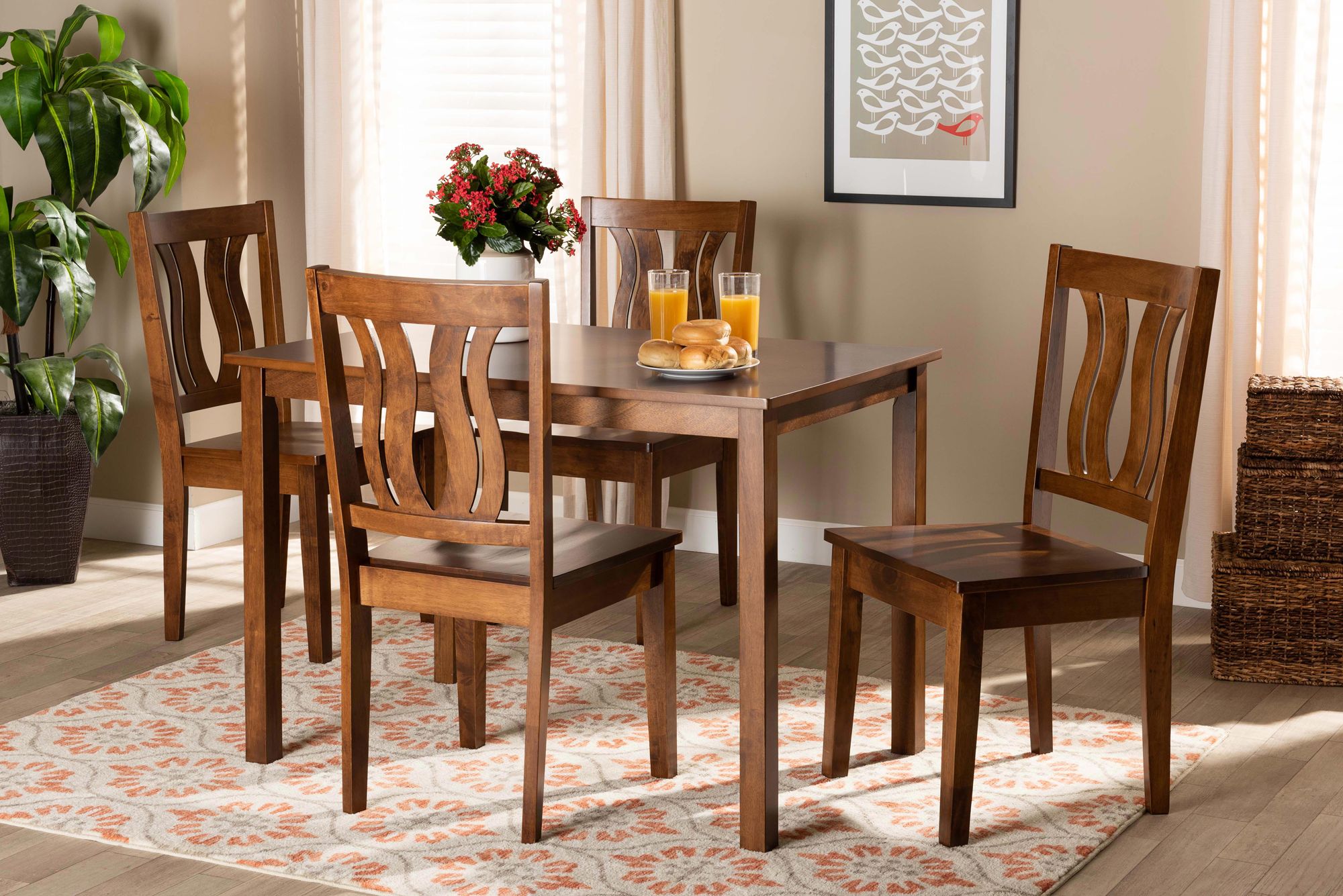 Zamira Walnut Brown Wood 5-Piece Dining Table and Chair Set
