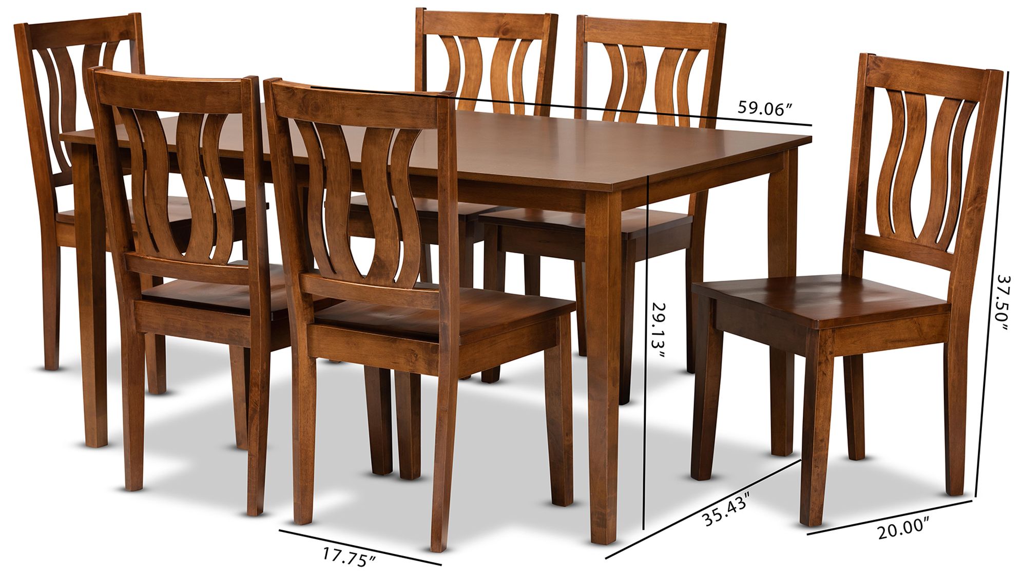 Zamira Walnut Brown Wood 7-Piece Dining Table and Chair Set