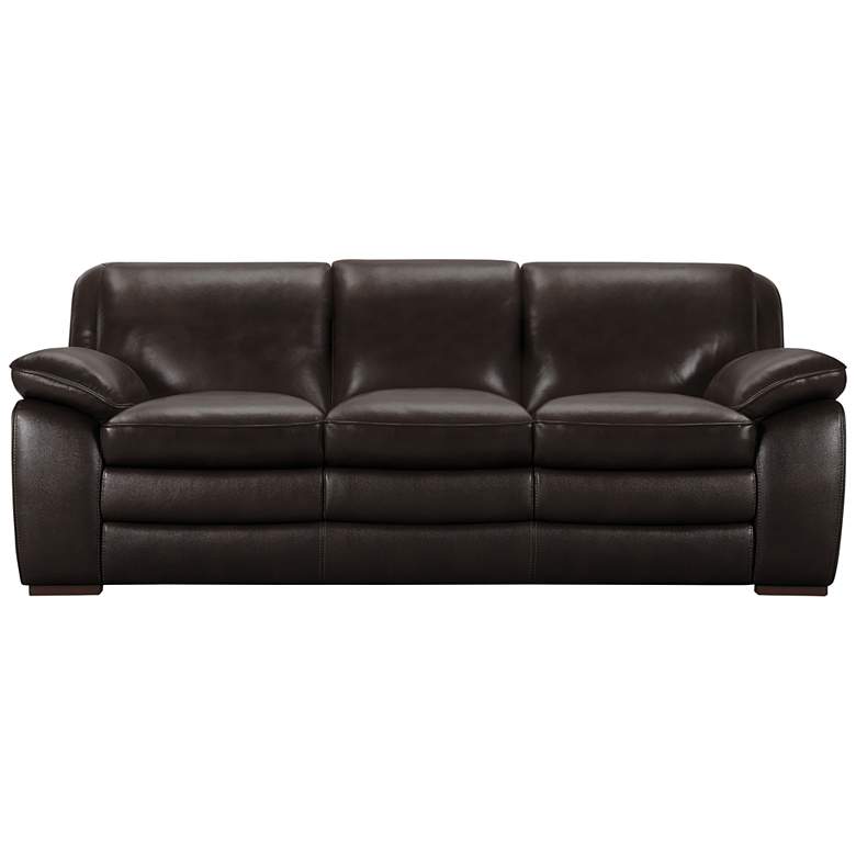 Image 6 Zanna 91" Wide Dark Brown Leather and Wood Sofa more views