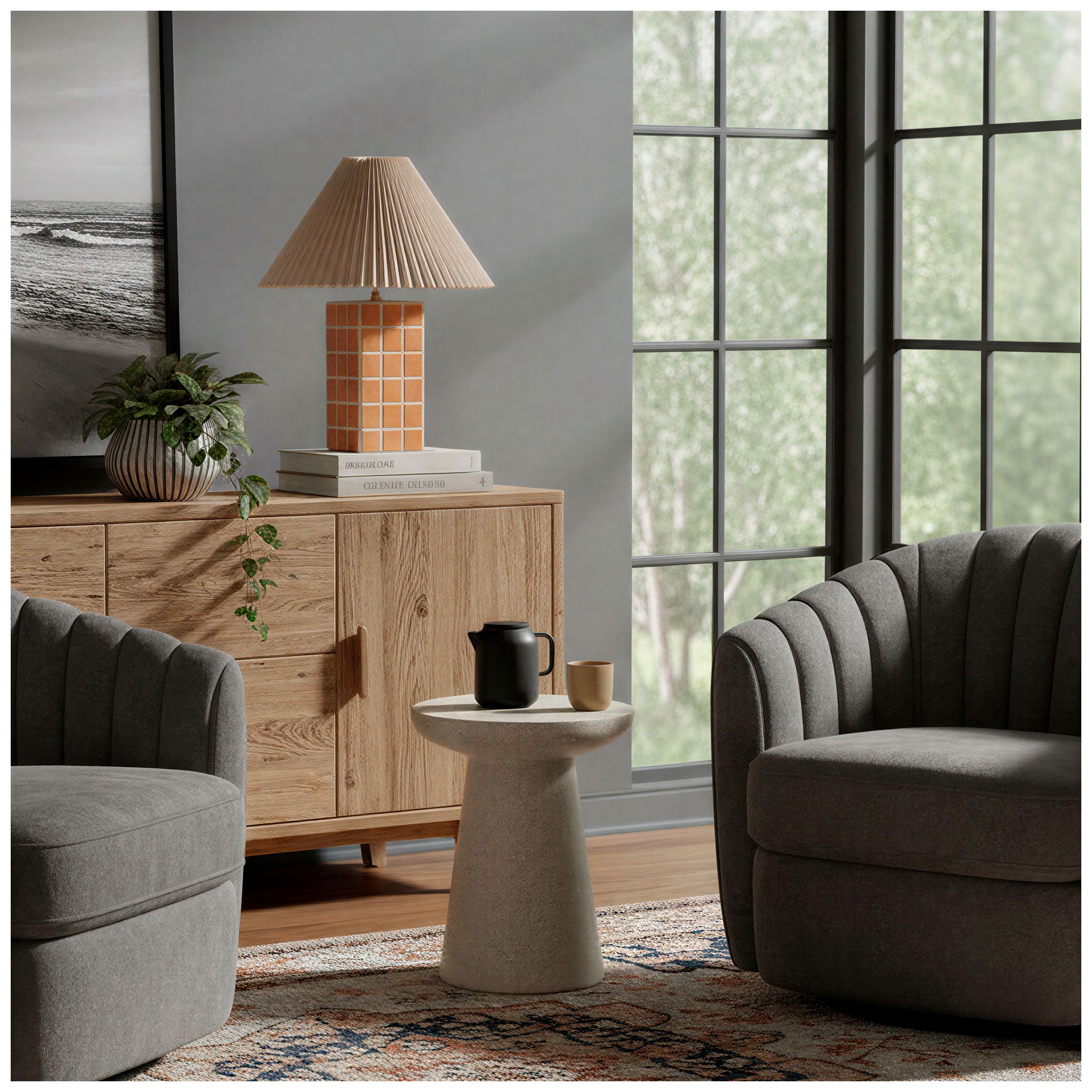 Image 2 Zara 18" Square Windowpane Stoneware Table Lamp with Pleated Shade more views