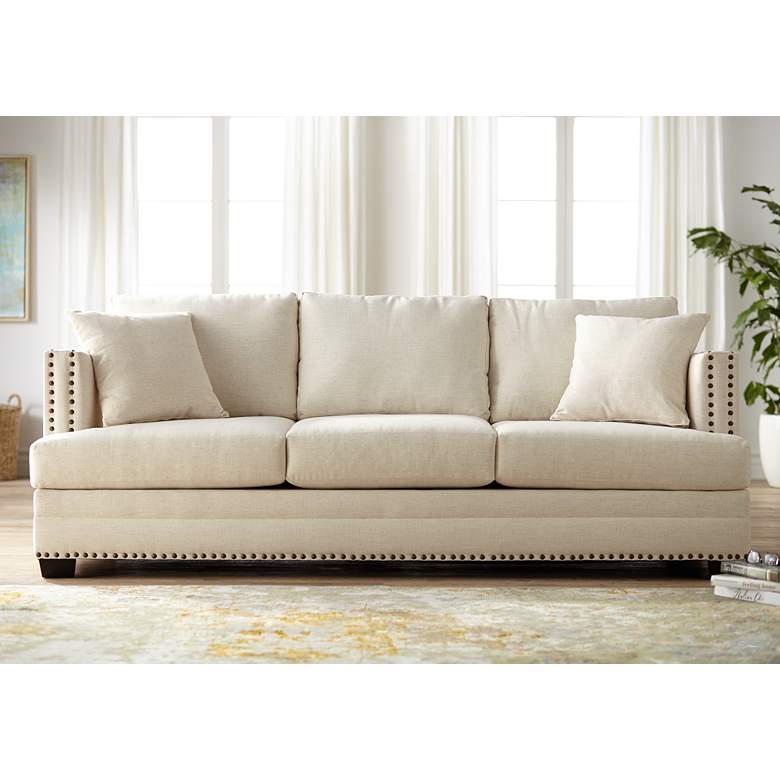 Image 1 Zara 91 inch Wide Ivory Fabric Three-Seat Sofa