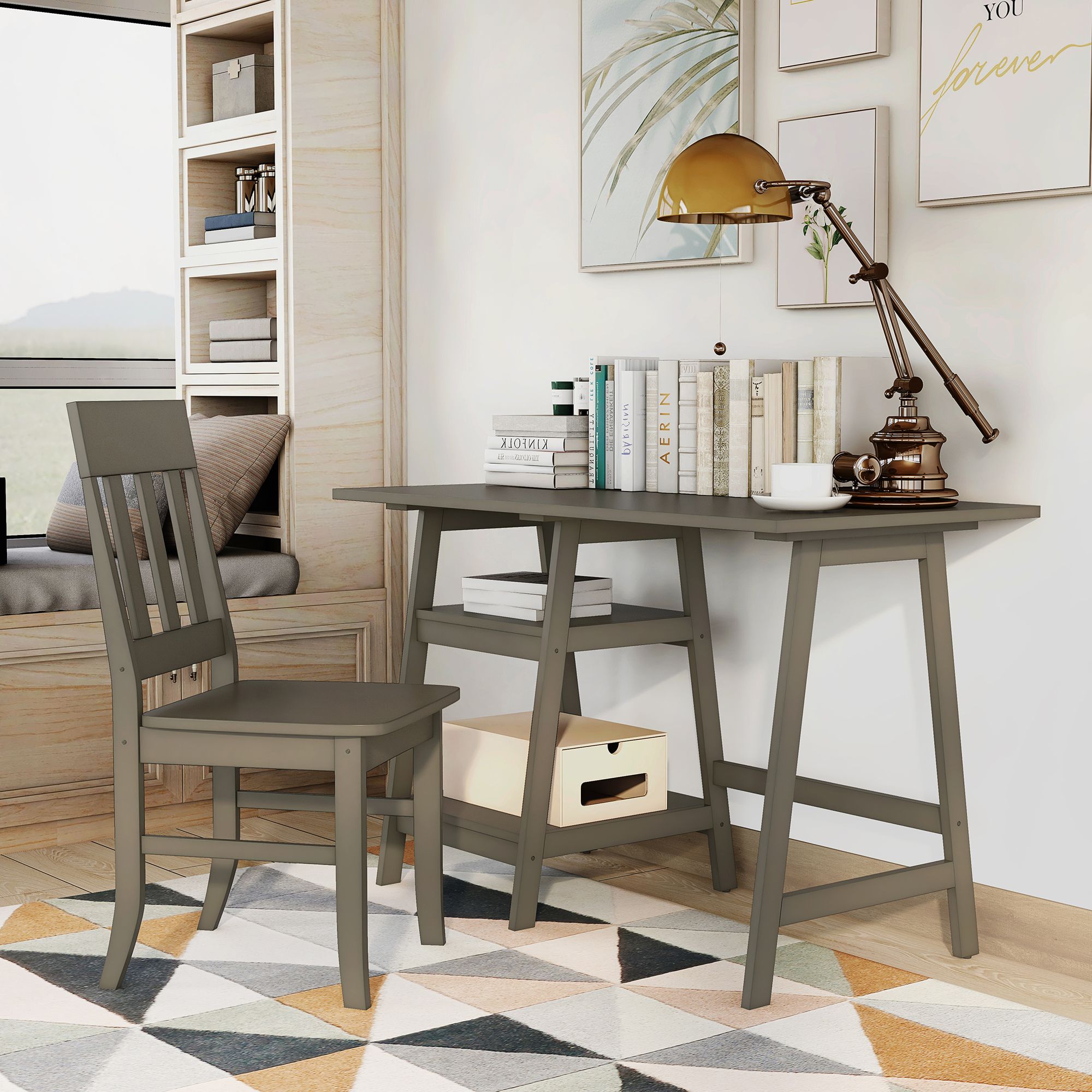 Zavies 47 1/4" Wide Gray Wood Writing Desk with Chair