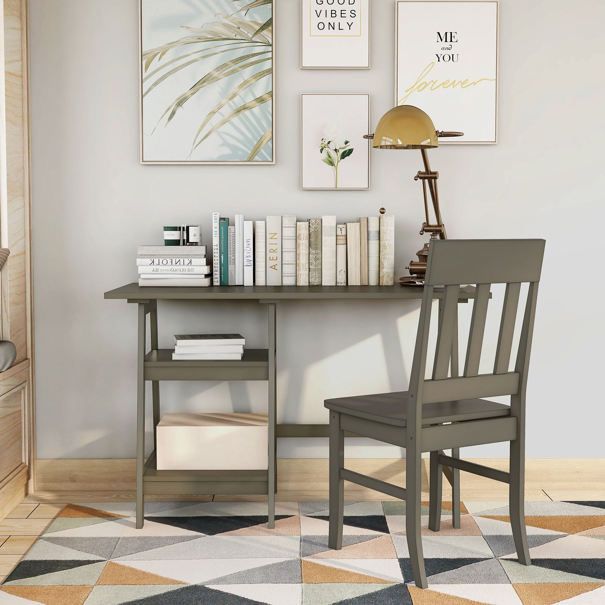 Zavies 47 1/4" Wide Gray Wood Writing Desk with Chair