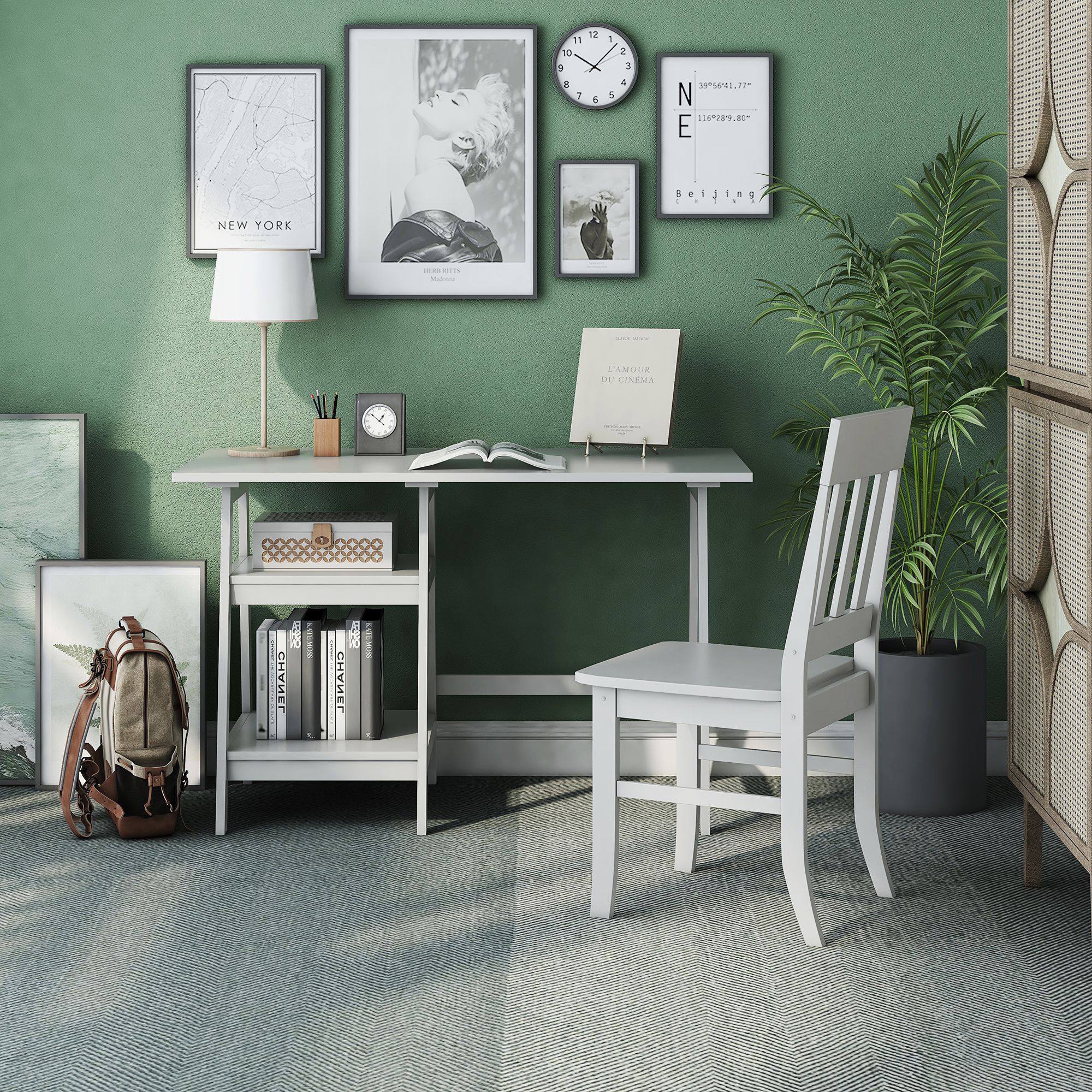 Zavies 47 1/4" Wide White Wood Writing Desk with Chair