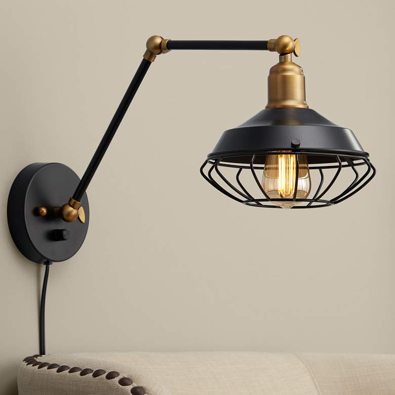 Image 1 Zelda Matte Black and Gold Industrial Cage Wall Lamp