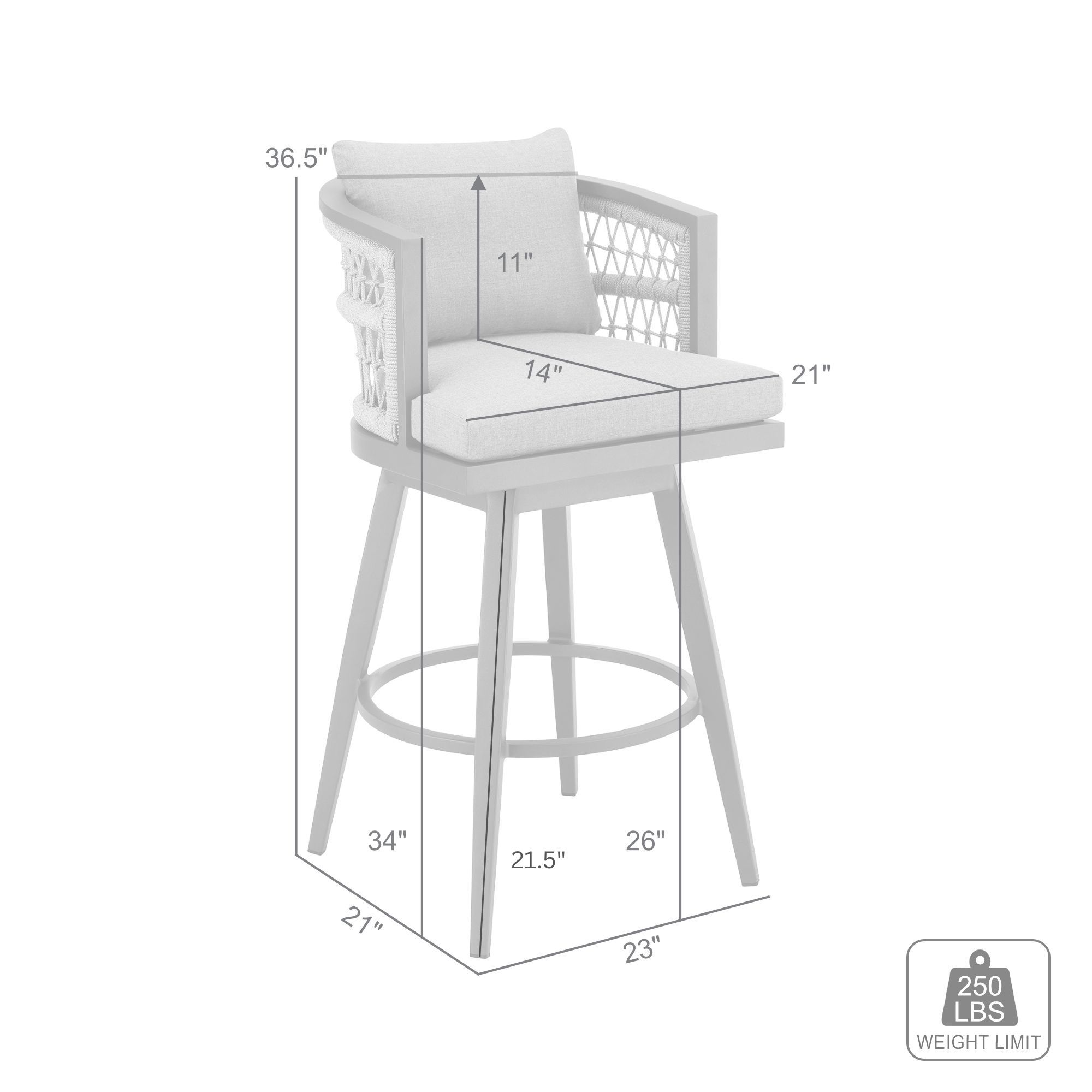 Zella 26 in. Outdoor Barstool in Aluminum, Rope, and Earl Gray Cushions