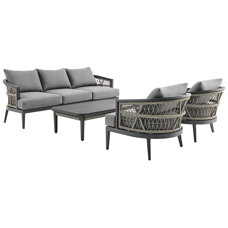 Image 1 Zella 4 Pc Outdoor Conversation Set in Aluminum, Light Gray Rope, Cushions