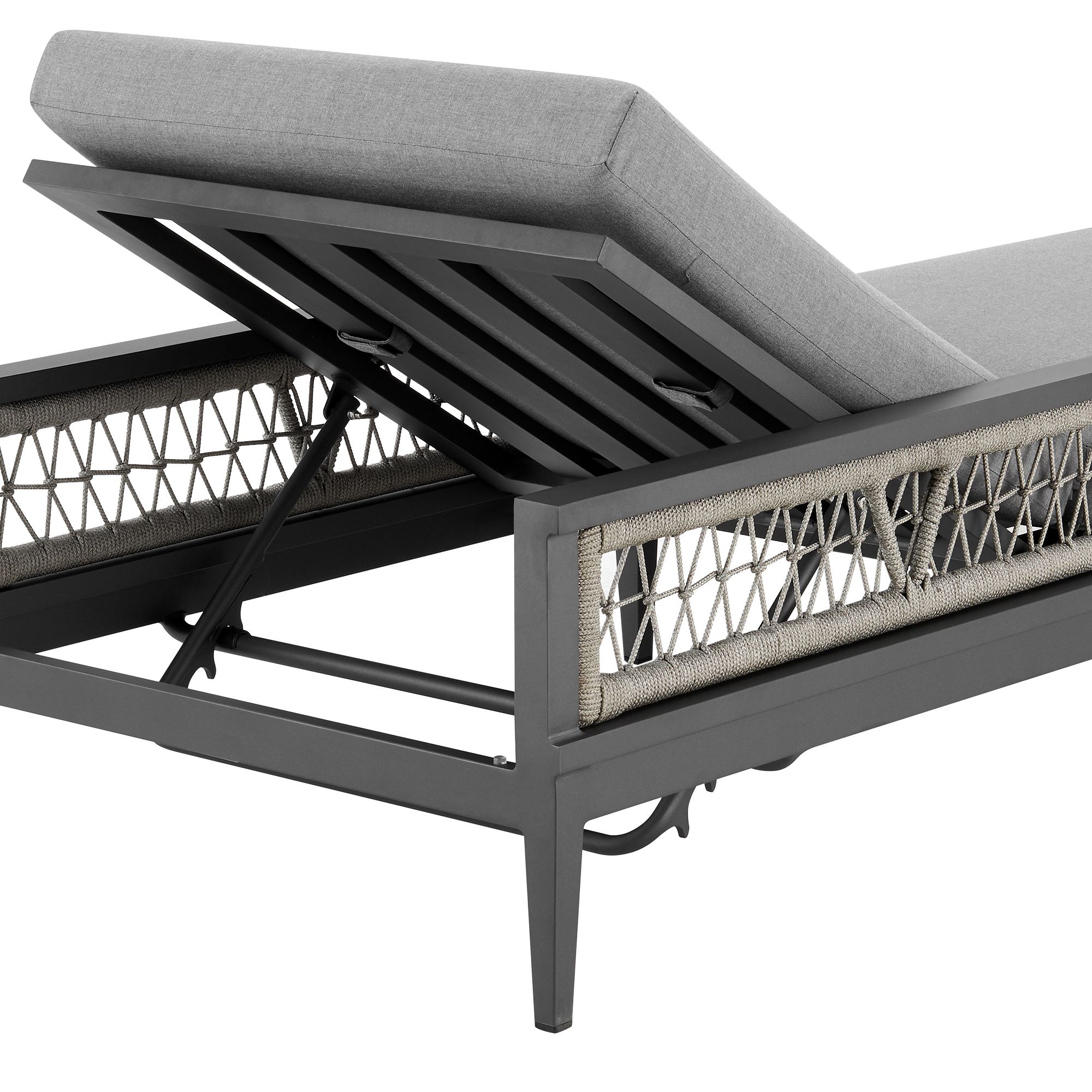 Zella Outdoor Chaise Lounge Chair in Aluminum, Rope, and Earl Gray Cushions