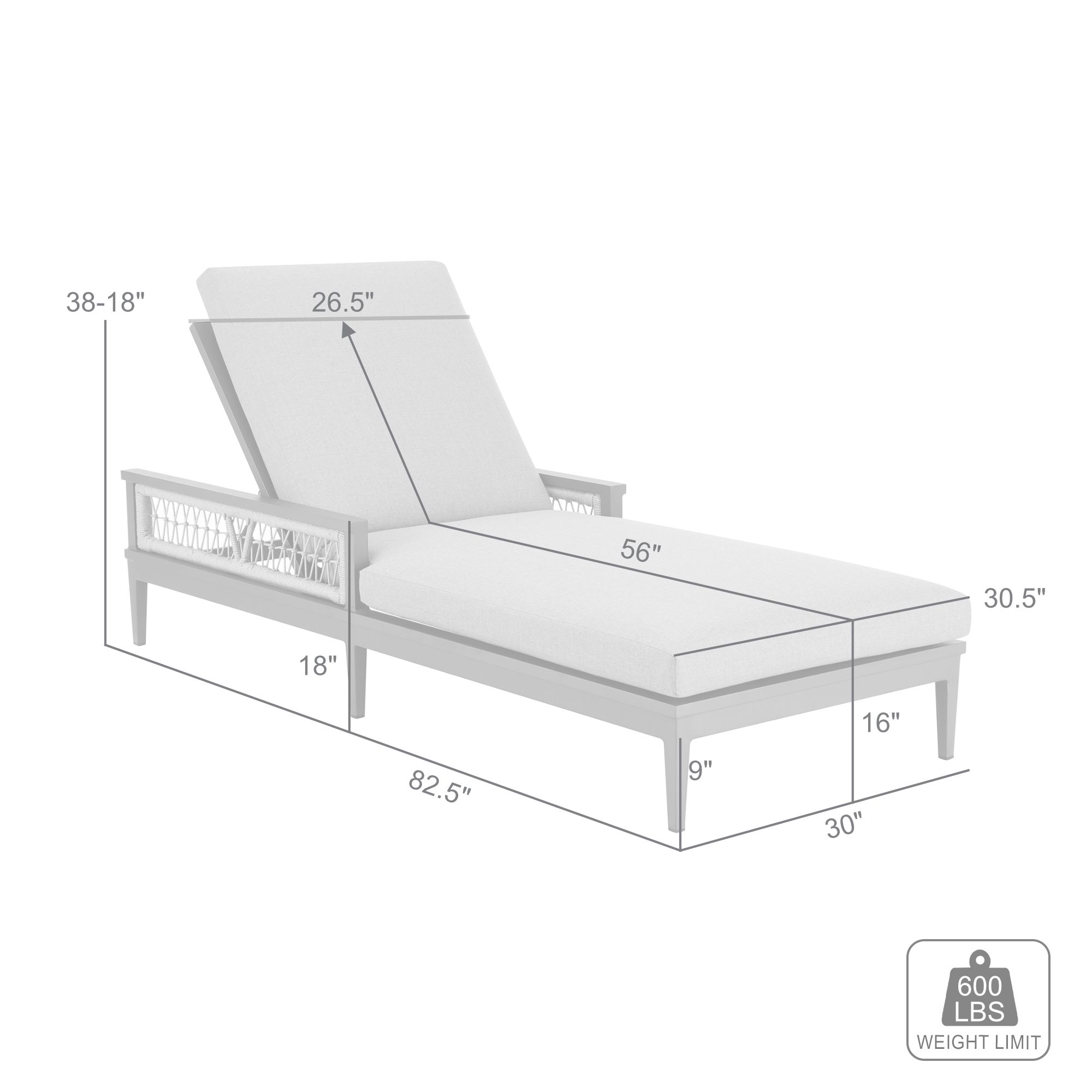 Zella Outdoor Chaise Lounge Chair in Aluminum, Rope, and Earl Gray Cushions