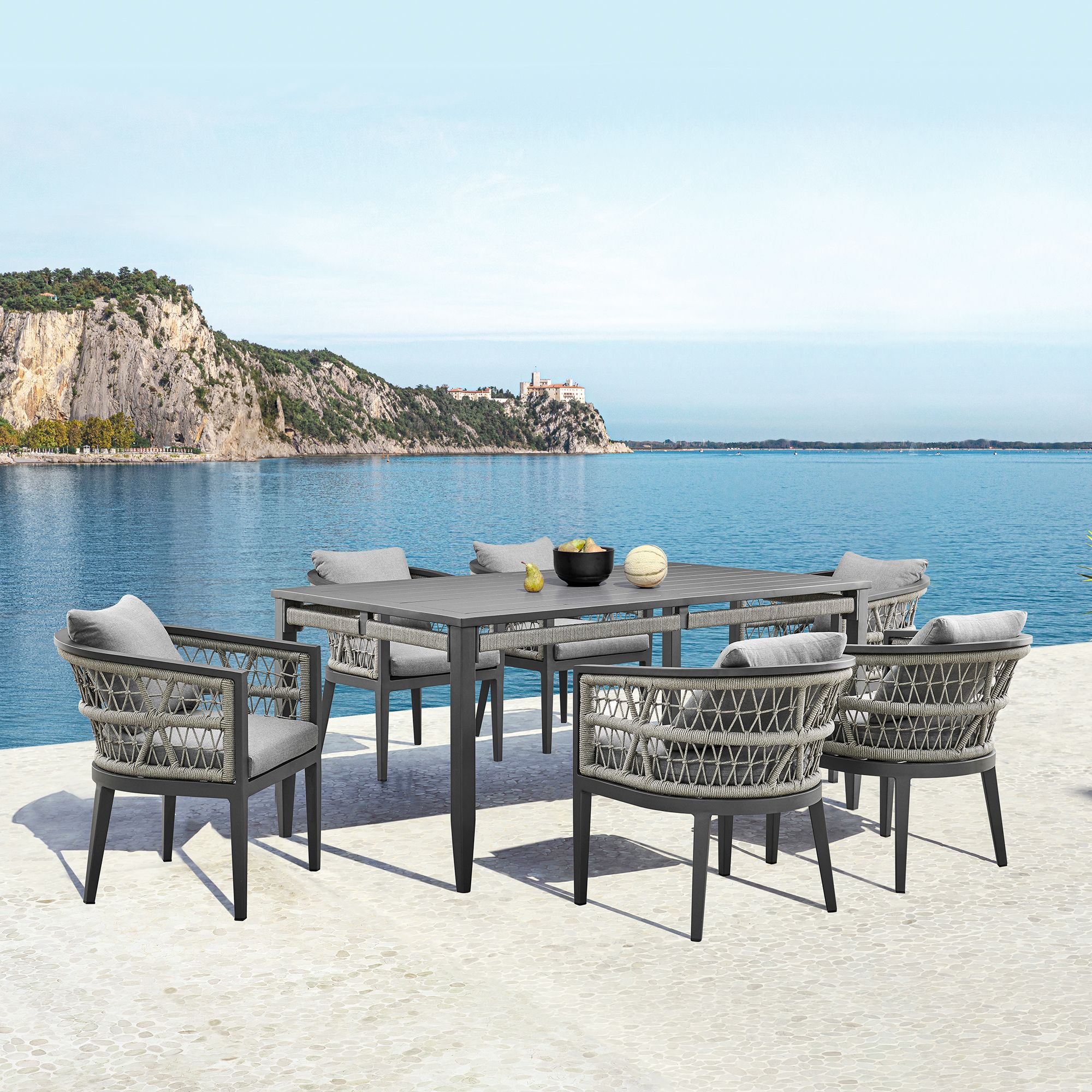 Zella Outdoor Dining Table in Aluminum, Charcoal Finish, Light Gray Rope