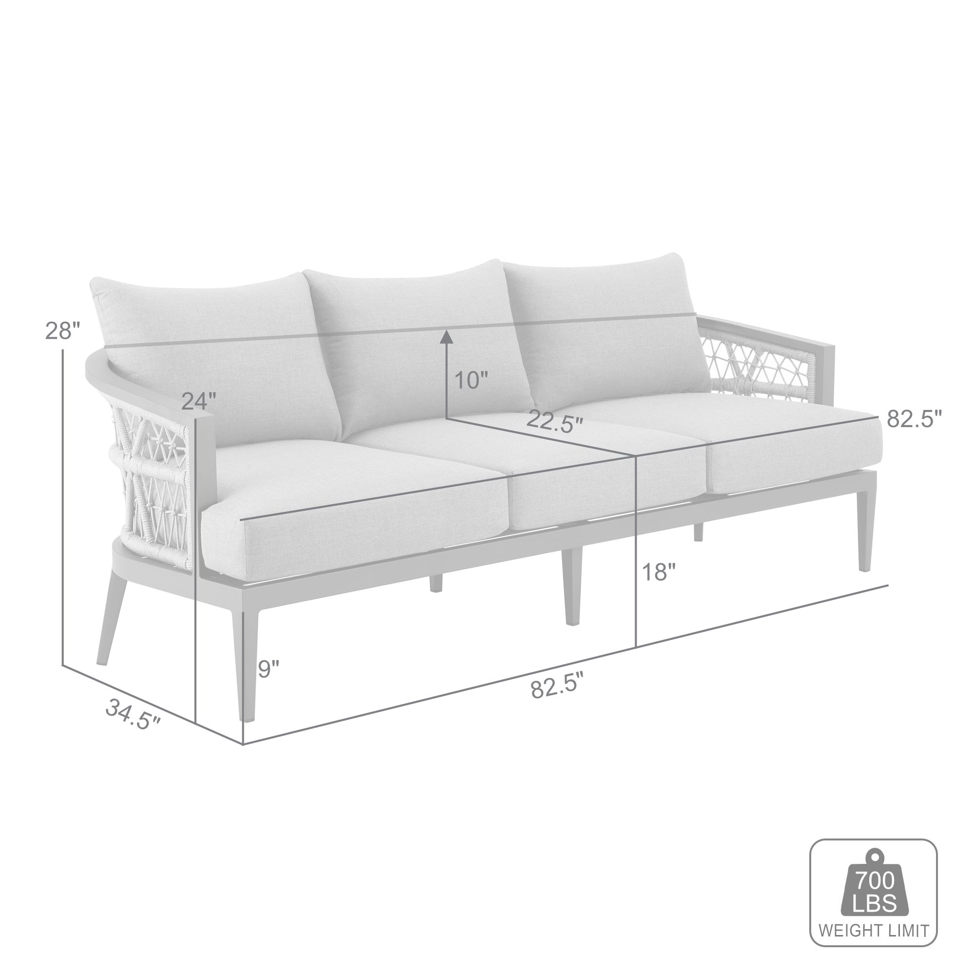 Zella Outdoor Sofa in Aluminum with Light Gray Rope and Earl Gray Cushions