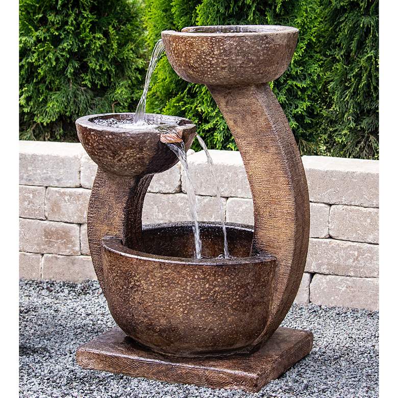 Image 1 Zen 33 inch High Relic Lava Two-Bowl LED Outdoor Floor Fountain