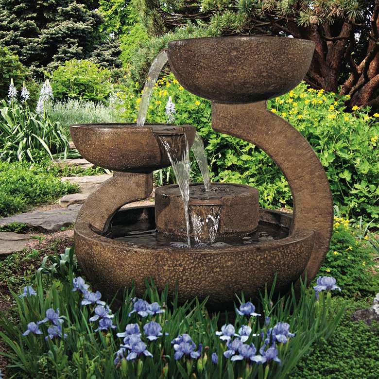 Image 1 Zen Three-Bowl 32 1/2" High Relic Lava LED Outdoor Fountain