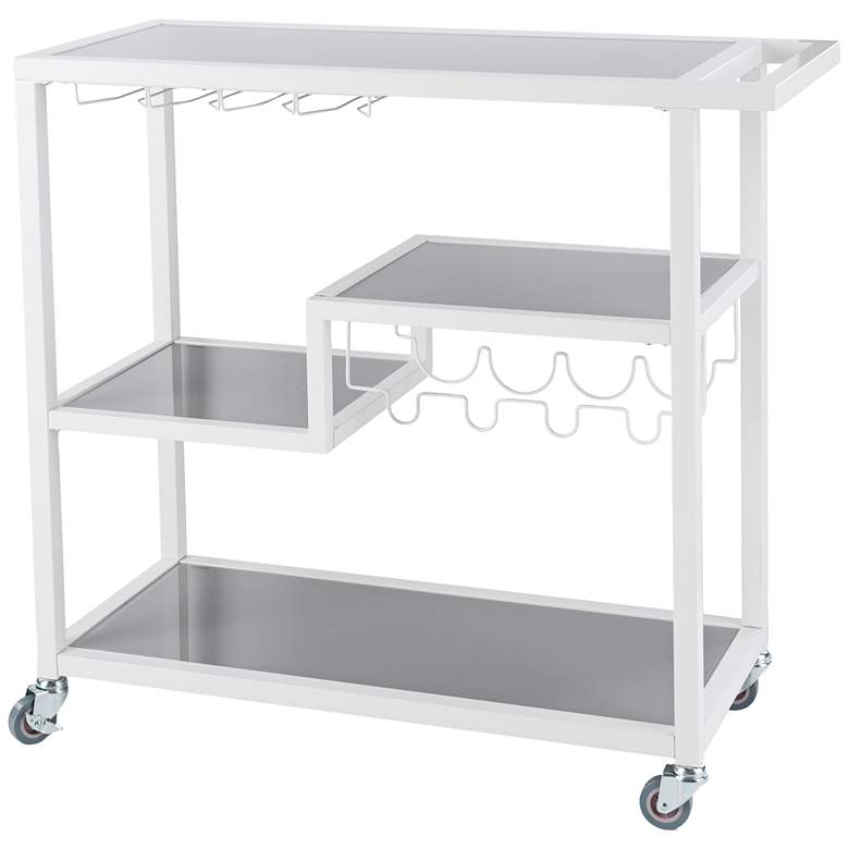 Image 2 Zephs White Metal and Smoky Gray Glass Rolling Bar Cart