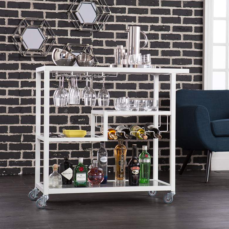 Image 1 Zephs White Metal and Smoky Gray Glass Rolling Bar Cart