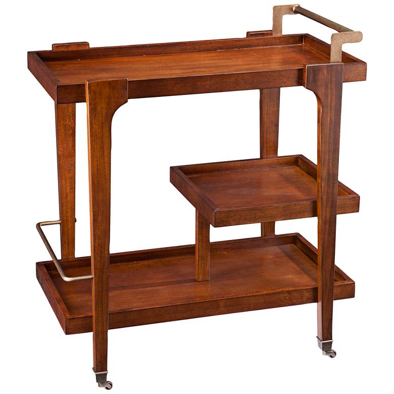 Image 2 Zhori Rich Dark Tobacco Wood 3-Tier Rolling Bar Cart
