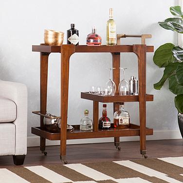 Zhori Rich Dark Tobacco Wood 3-Tier Rolling Bar Cart