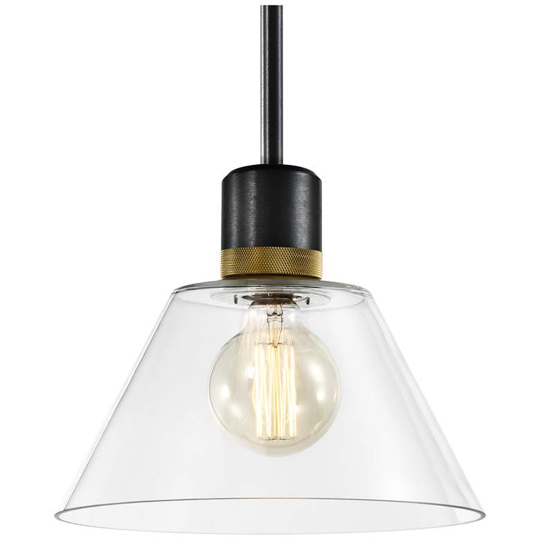 Image 1 Zigrina 12" E26 Clear Cone Glass Pendant, Black & Brass Metal Fini