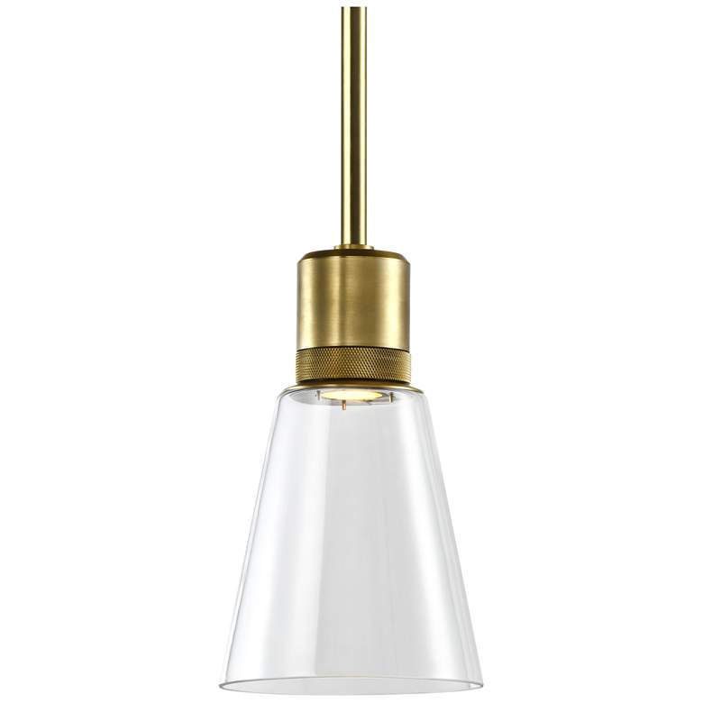 Image 1 Zigrina 7" LED 3CCT Clear Bell Glass Pendant Light, Aged Brass Metal F