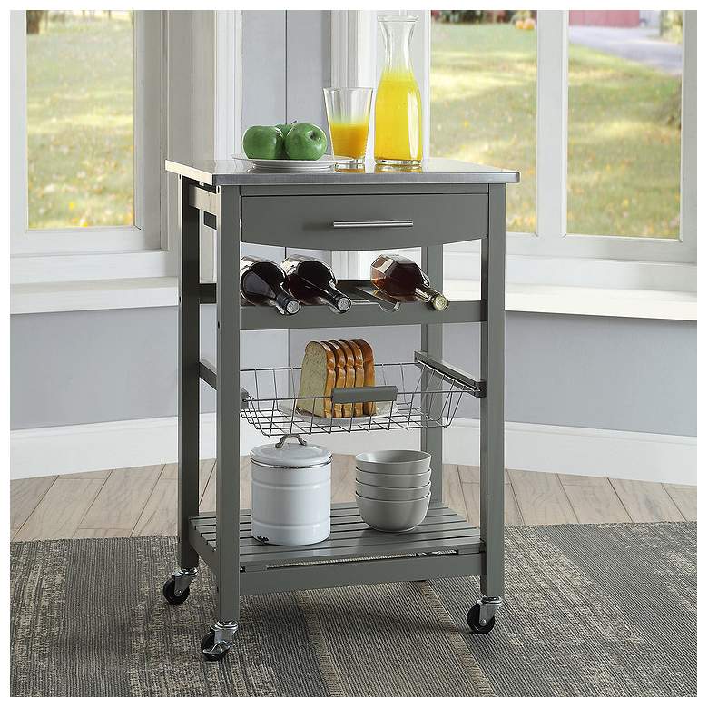 Image 1 Zoey 22 3/4" Wide Gray Wood and Stainless Steel Kitchen Cart