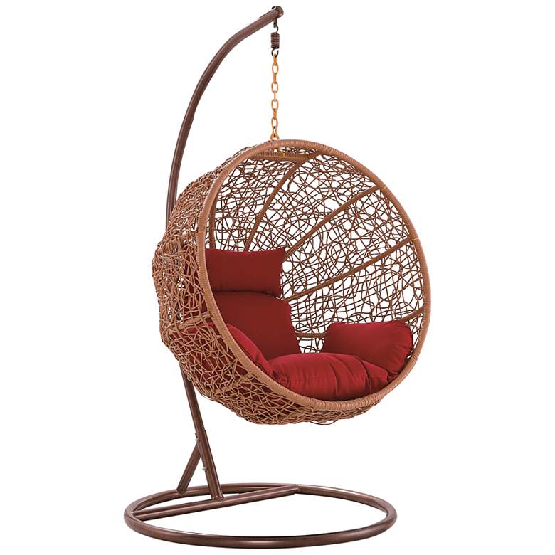 Image 2 Zolo Saddle Brown Rattan Patio Egg Chair with Red Cushion