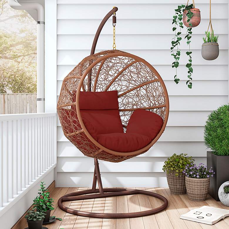 Image 1 Zolo Saddle Brown Rattan Patio Egg Chair with Red Cushion