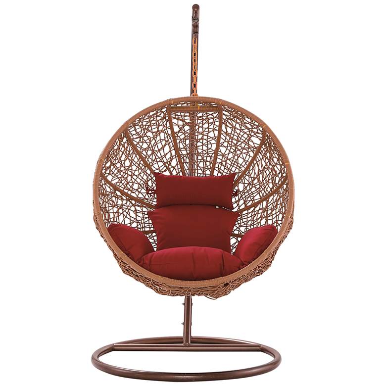 Image 3 Zolo Saddle Brown Rattan Patio Egg Chair with Red Cushion more views