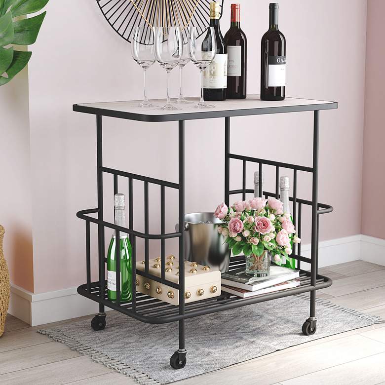 Image 1 Zuo Argus 24" Wide White-Washed Wood Black Metal Bar Cart